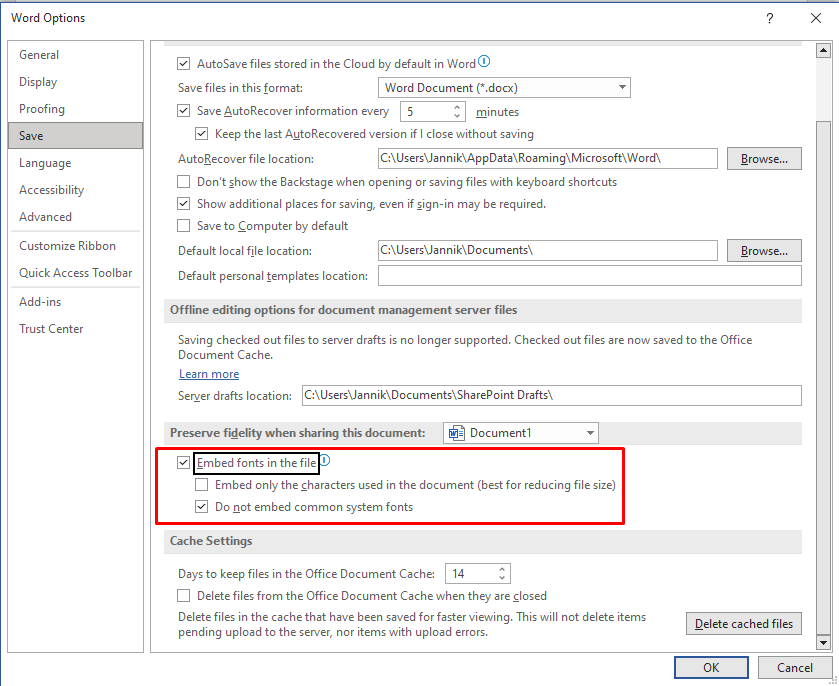 Embed fonts in Word